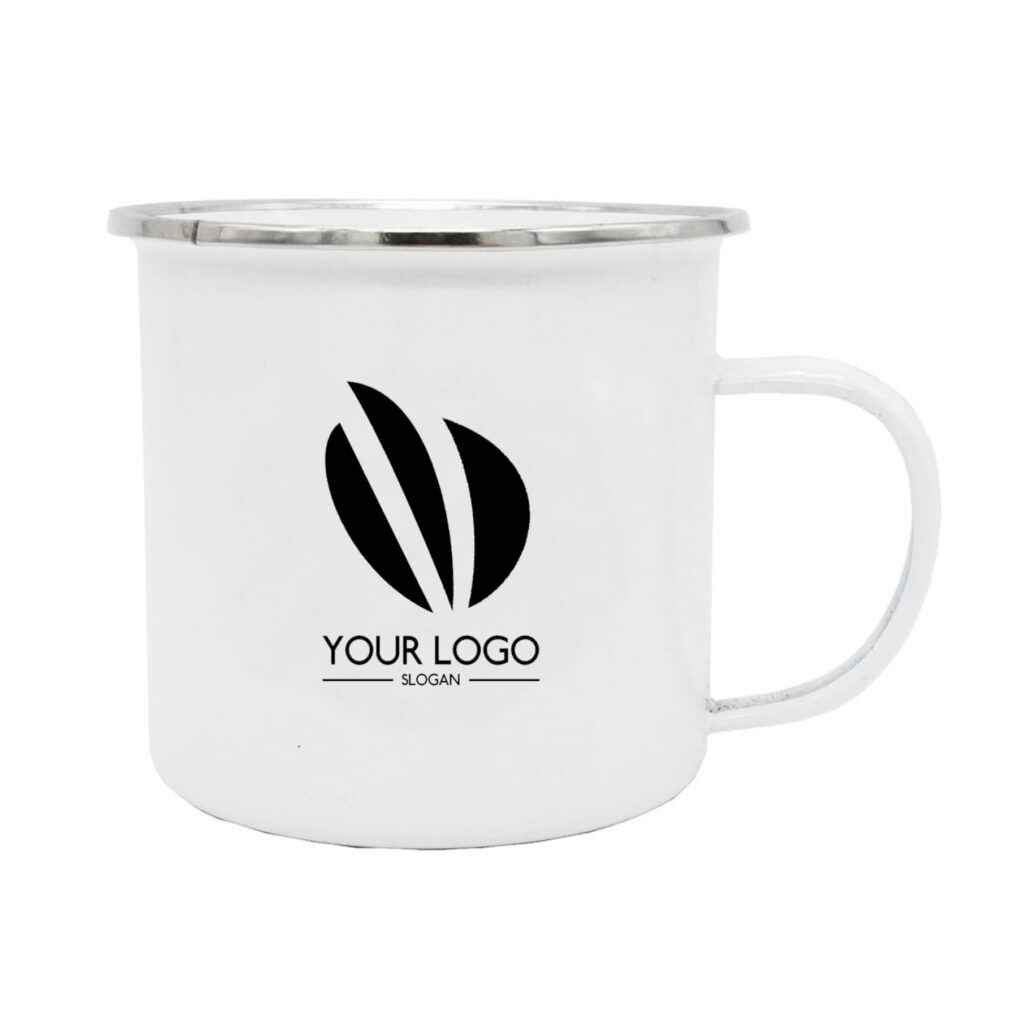 12oz White Enamel Mug with Silver Rim