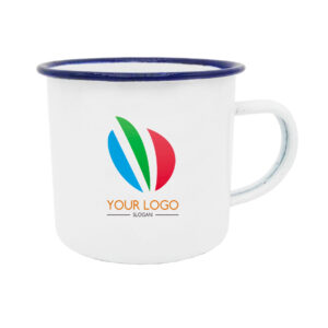 12oz Tin Camping Mug White Body Blue Rim Tin Mug Metal Enamel Mug