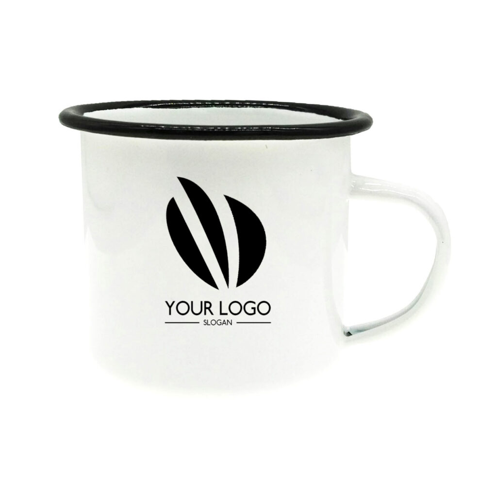 12oz Tin Camping Mug White Body Blue Rim Tin Mug Metal Enamel Mug