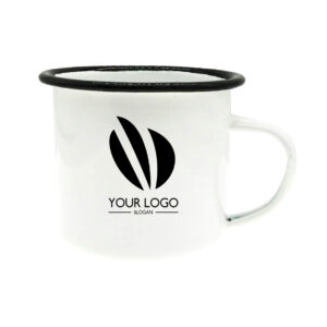 12oz Tin Camping Mug White Body Blue Rim Tin Mug Metal Enamel Mug
